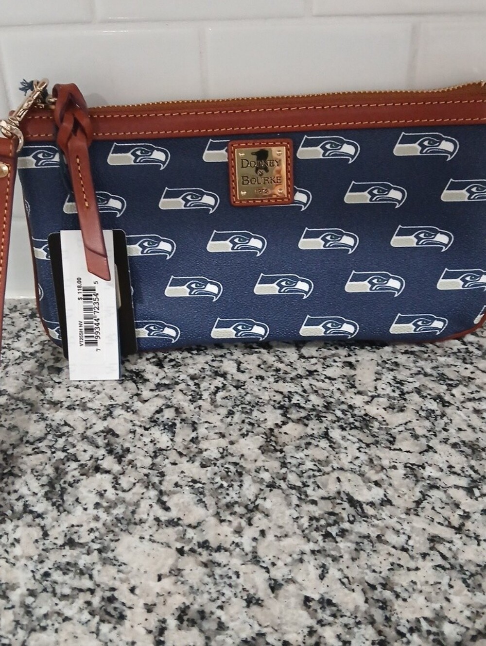Dooney & Bourke Navy Seahawks Logo Wristlet with Brown Trim
